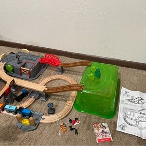 Hape wooden train set-complete, fits into green bucket for easy travel